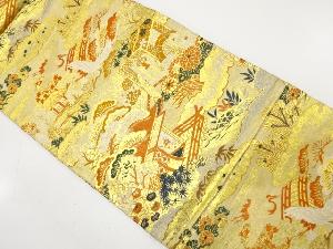 アンティーク　御所車に屋敷風景・草花模様織り出し丸帯（材料）